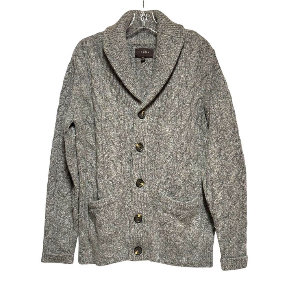 Jachs New York Wool Alpaca Cable Knit Shawl Cardigan Sweater Gray Medium